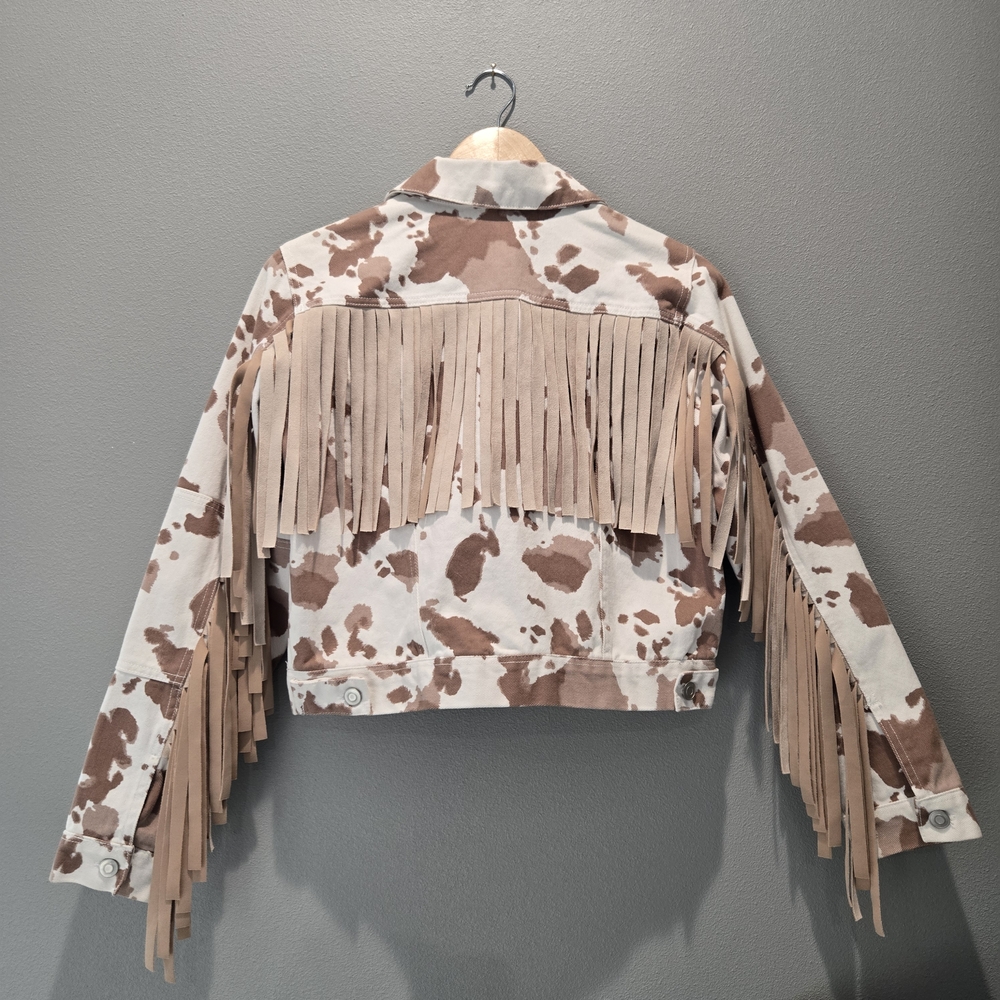 Altar'd State Cropped Fringe Cow Print Denim Cowgirl Rodeo Jean Jacket Size XS